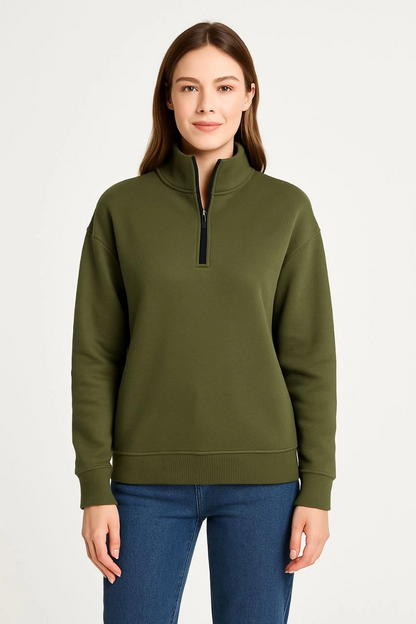 Kadın 3 iplik Dık Yaka Yarım Fermuarlı SweatShirt - Haki