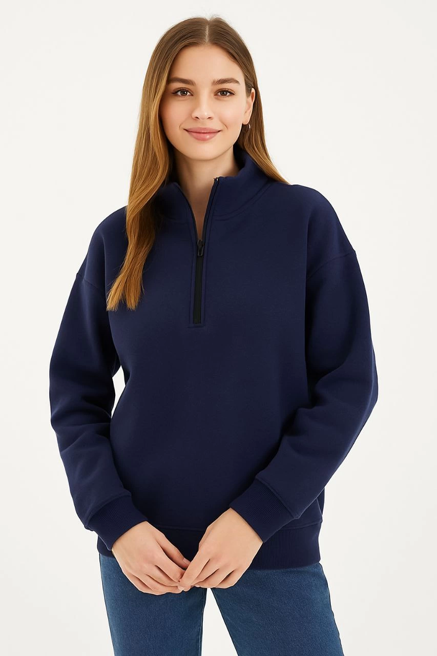 Üç İplik Dık Yaka Yarım Fermuarlı SweatShirt - Lacivert