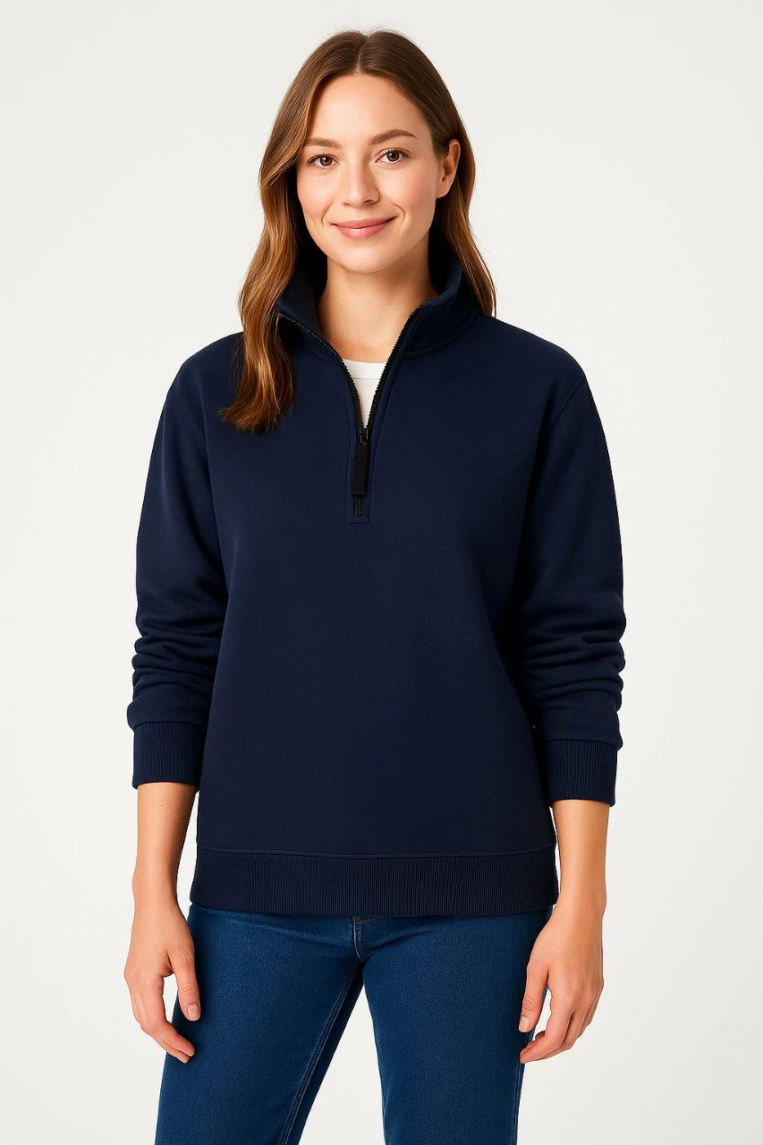 Üç İplik Dık Yaka Yarım Fermuarlı SweatShirt - Lacivert