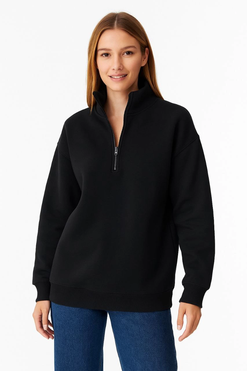 Üç İplik Dık Yaka Yarım Fermuarlı SweatShirt - Siyah -
