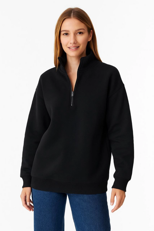 Üç İplik Dık Yaka Yarım Fermuarlı SweatShirt - Siyah -