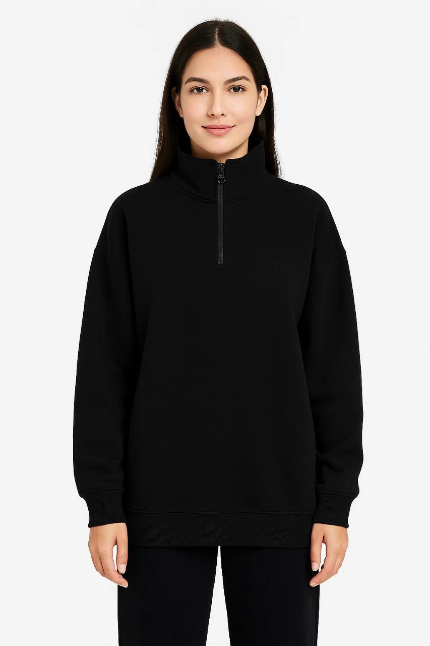 Üç İplik Dık Yaka Yarım Fermuarlı SweatShirt - Siyah -