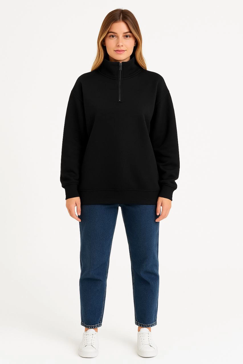 Üç İplik Dık Yaka Yarım Fermuarlı SweatShirt - Siyah -