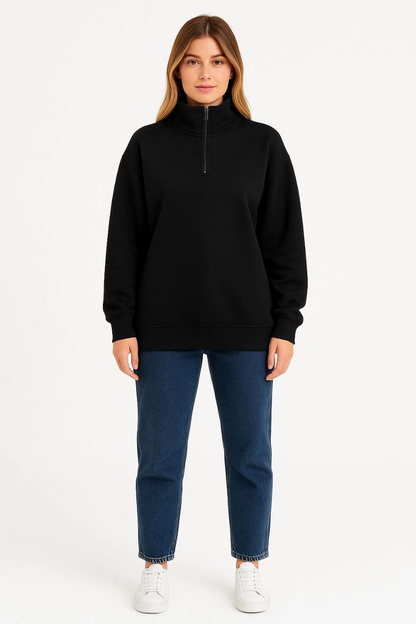 Üç İplik Dık Yaka Yarım Fermuarlı SweatShirt - Siyah -