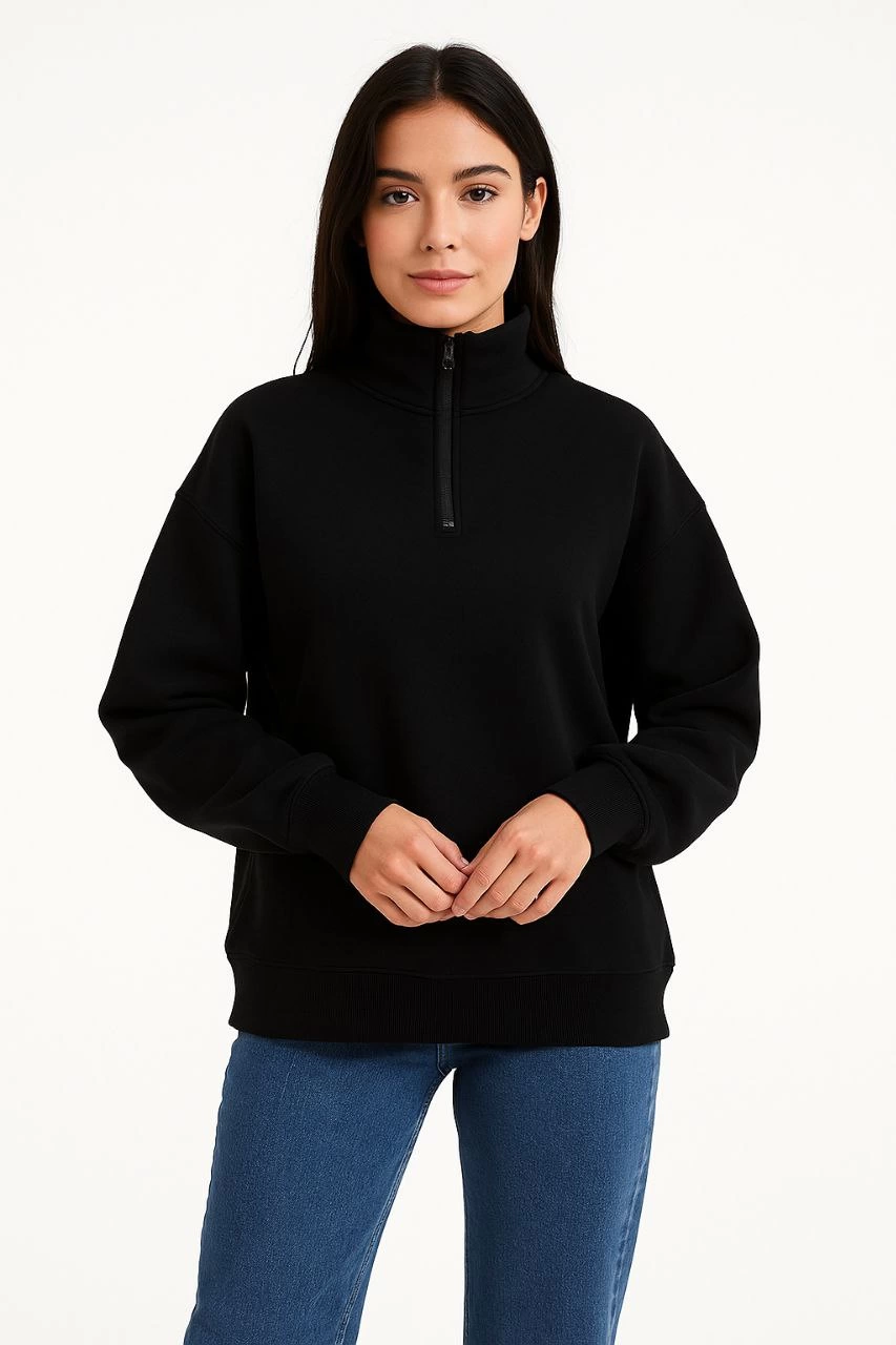 Üç İplik Dık Yaka Yarım Fermuarlı SweatShirt - Siyah -
