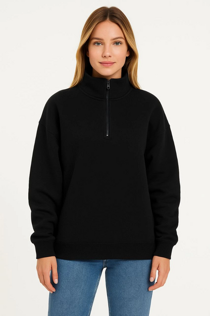 Üç İplik Dık Yaka Yarım Fermuarlı SweatShirt - Siyah -