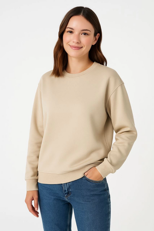Üç İplik Düz Bisiklet Yaka SweatShirt - Bej -