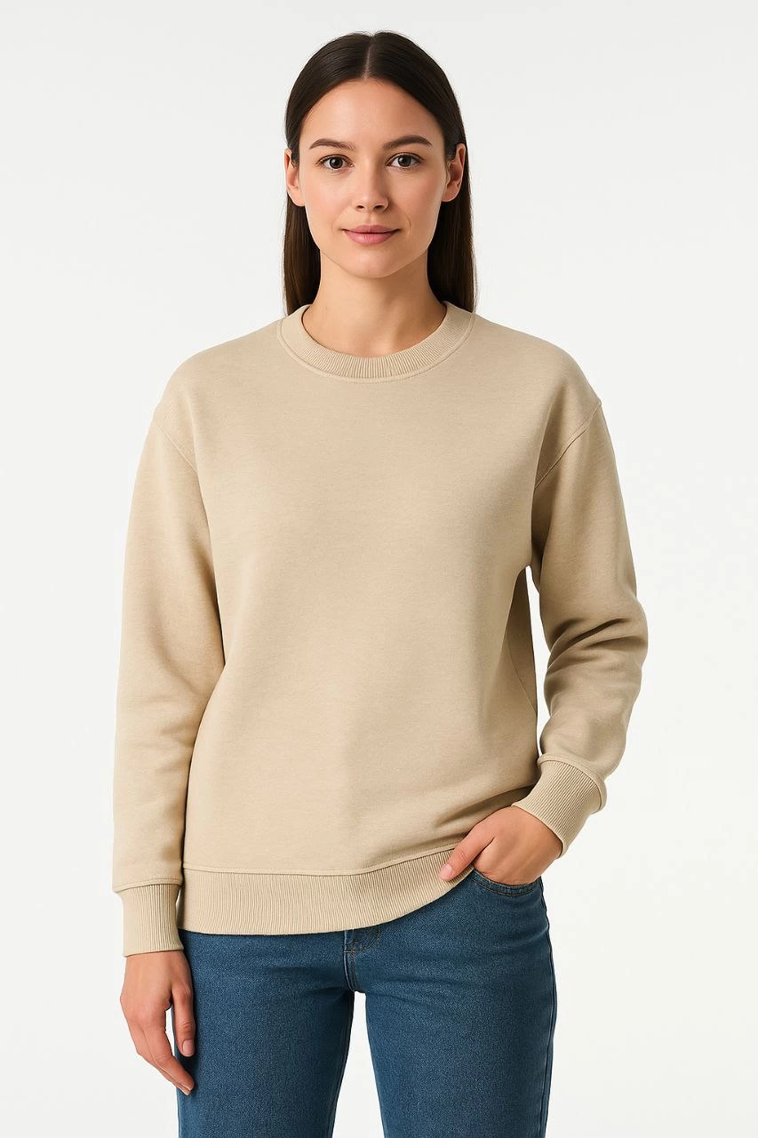 Üç İplik Düz Bisiklet Yaka SweatShirt - Bej -