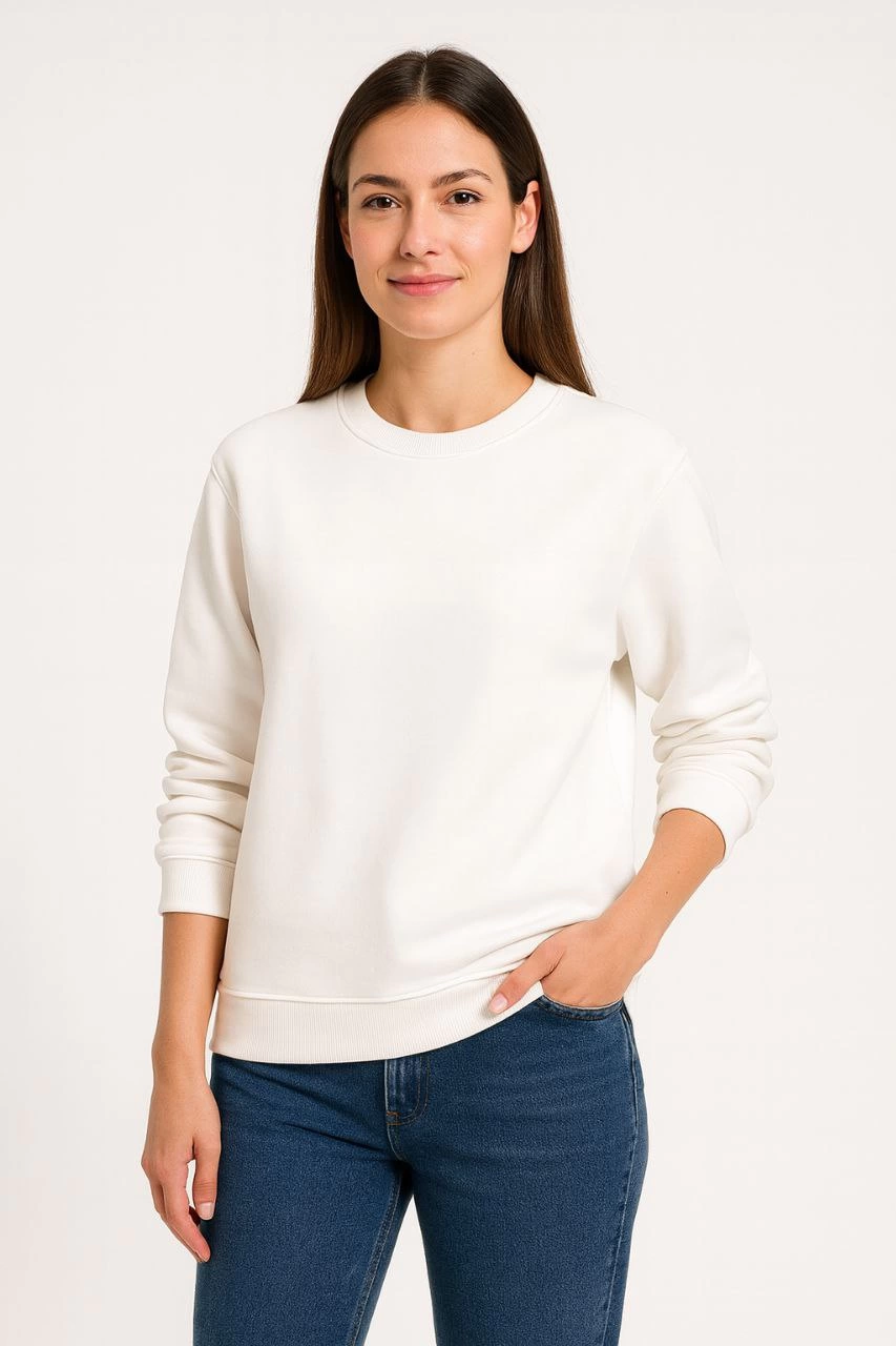 Üç İplik Düz Bisiklet Yaka SweatShirt - Beyaz -