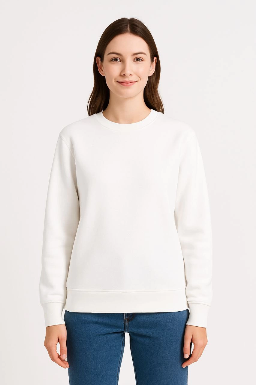 Üç İplik Düz Bisiklet Yaka SweatShirt - Beyaz -