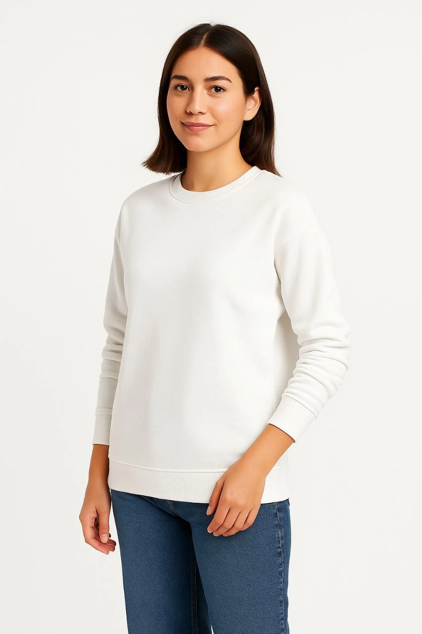 Üç İplik Düz Bisiklet Yaka SweatShirt - Beyaz -