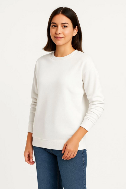 Üç İplik Düz Bisiklet Yaka SweatShirt - Beyaz -