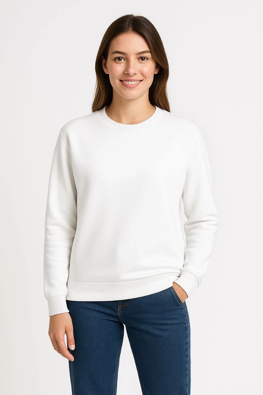 Üç İplik Düz Bisiklet Yaka SweatShirt - Beyaz -