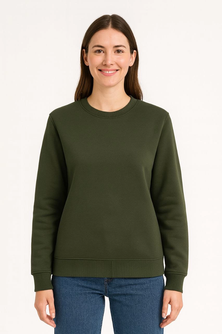 Üç İplik Düz Bisiklet Yaka SweatShirt - Haki
