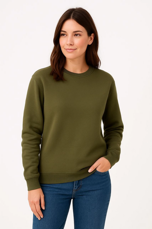 Üç İplik Düz Bisiklet Yaka SweatShirt - Haki