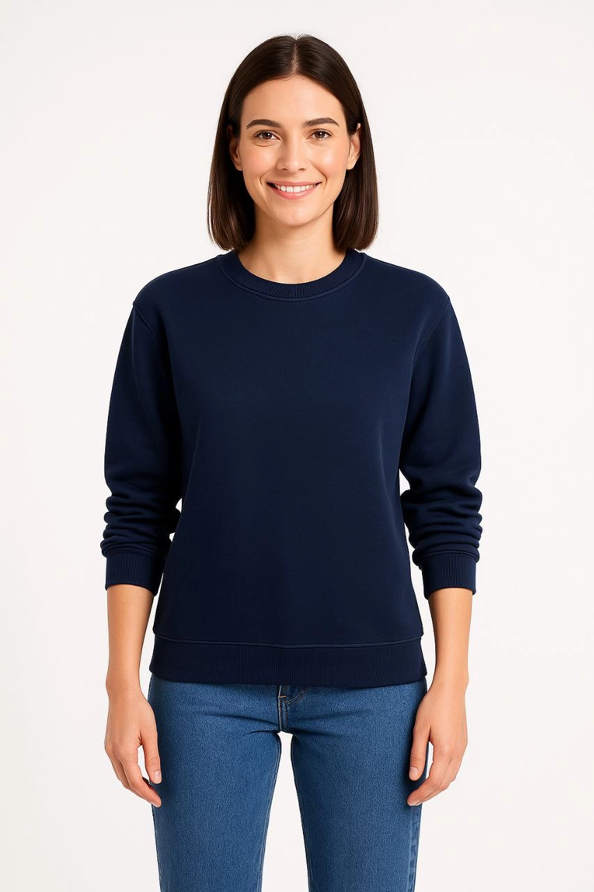 Üç İplik Düz Bisiklet Yaka SweatShirt - Lacivert