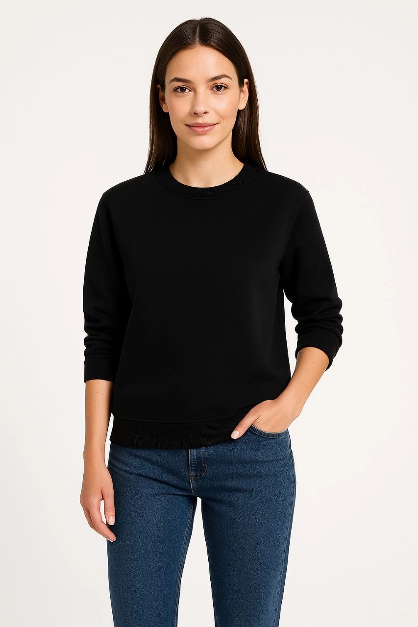 Üç İplik Düz Bisiklet Yaka SweatShirt - Siyah -