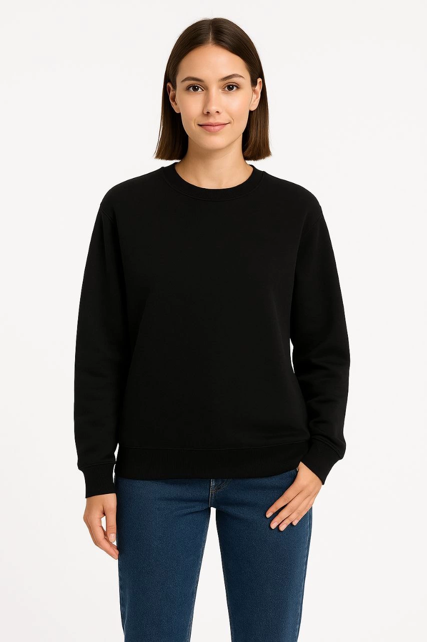 Üç İplik Düz Bisiklet Yaka SweatShirt - Siyah -