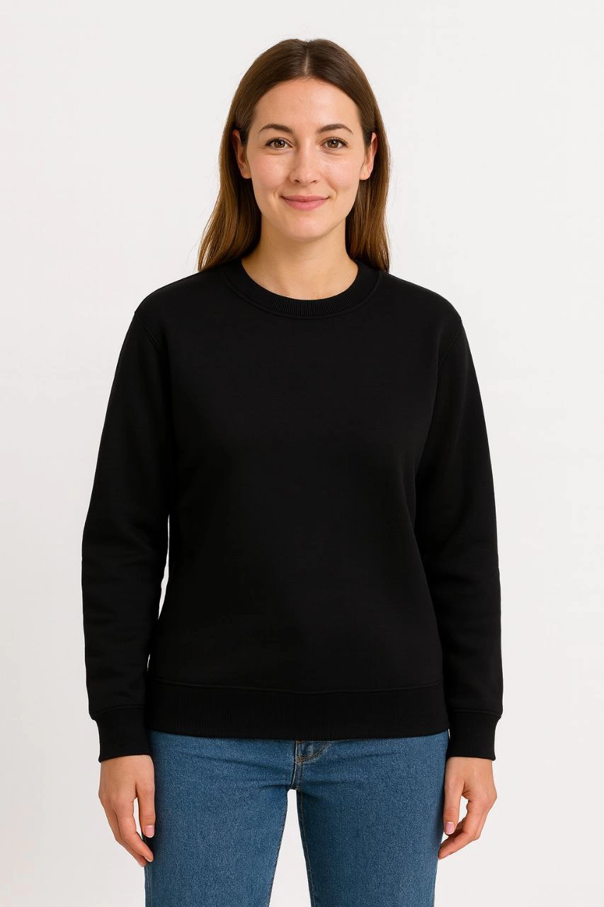 Üç İplik Düz Bisiklet Yaka SweatShirt - Siyah -