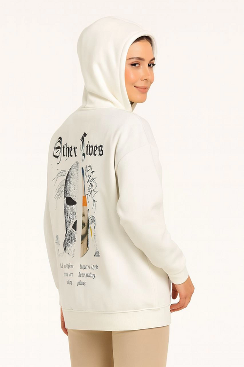 Kapşonlu Sweatshirt - Oversize 'Other Lives' Ön  Arka Baskıl Beyaz -