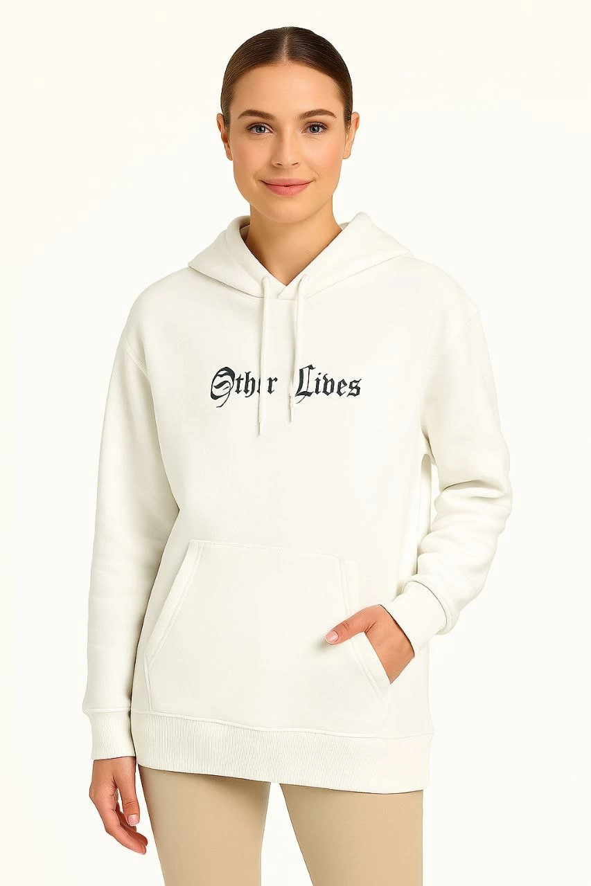 Kapşonlu Sweatshirt - Oversize 'Other Lives' Ön  Arka Baskıl Beyaz -