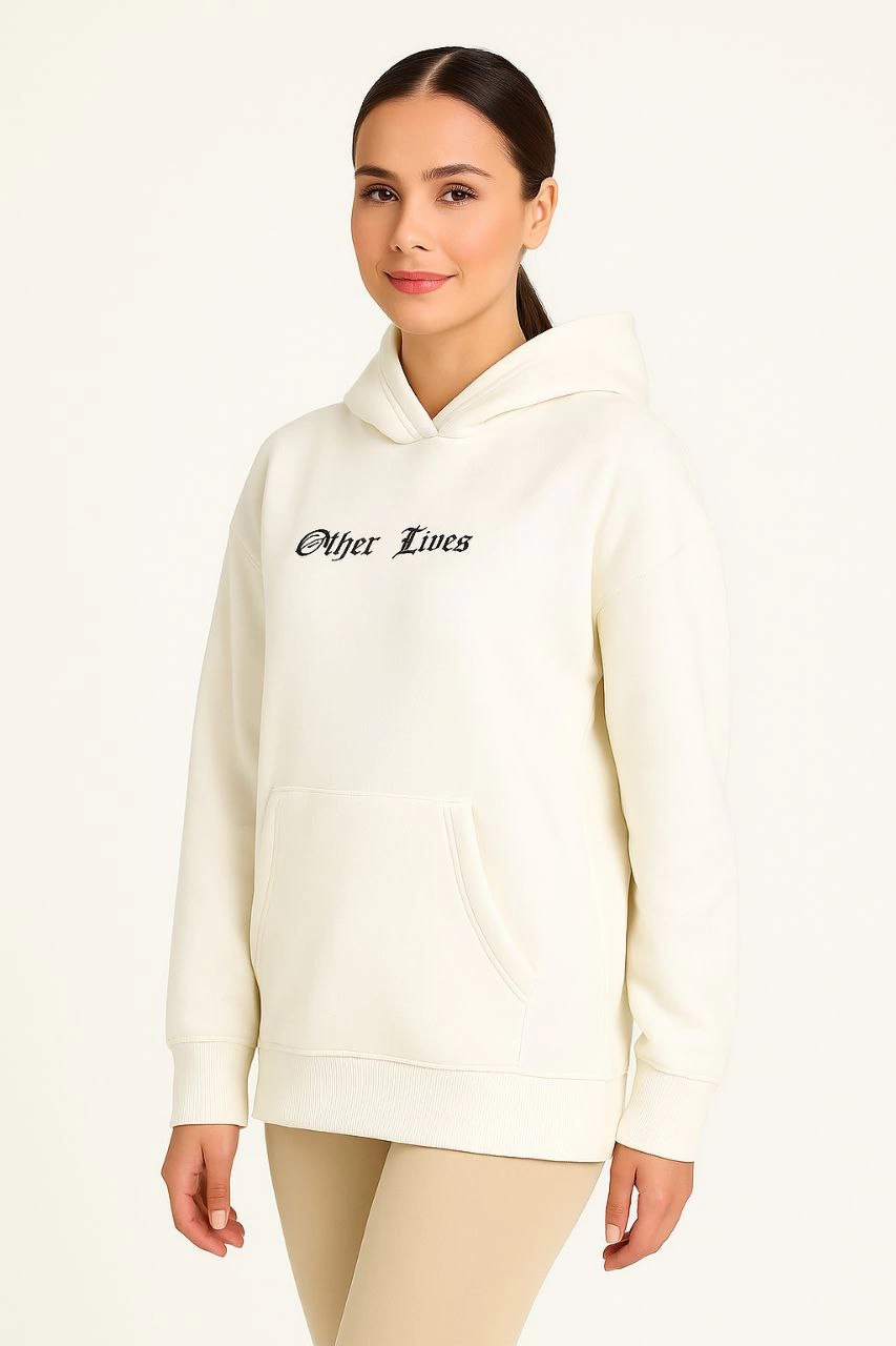 Kapşonlu Sweatshirt - Oversize 'Other Lives' Ön  Arka Baskıl Beyaz -