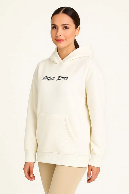 Kapşonlu Sweatshirt - Oversize Üç İplik Şardonlu Hoodie, 'Other Lives' Ön  Arka Baskılı, Kanguru Cepli, Kışlık Rahat Günlük Stil - Beyaz -