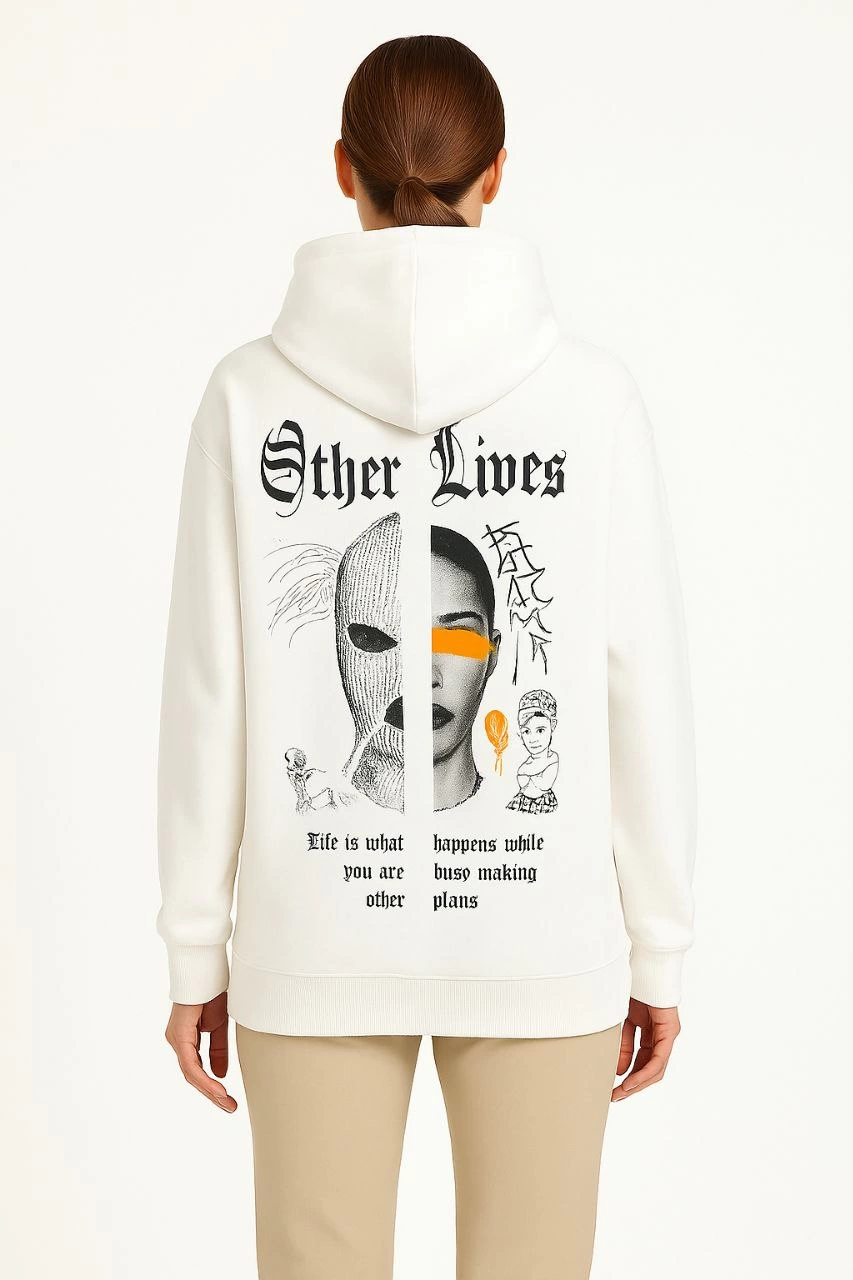 Kapşonlu Sweatshirt - Oversize 'Other Lives' Ön  Arka Baskıl Beyaz -