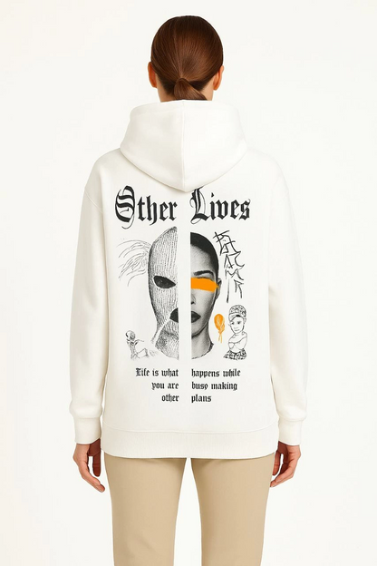 Kapşonlu Sweatshirt - Oversize Üç İplik Şardonlu Hoodie, 'Other Lives' Ön  Arka Baskılı, Kanguru Cepli, Kışlık Rahat Günlük Stil - Beyaz -