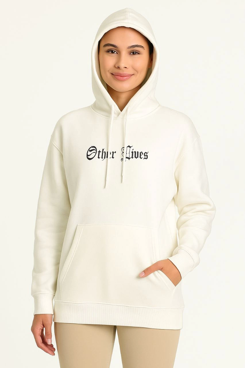 Kapşonlu Sweatshirt - Oversize 'Other Lives' Ön  Arka Baskıl Beyaz -