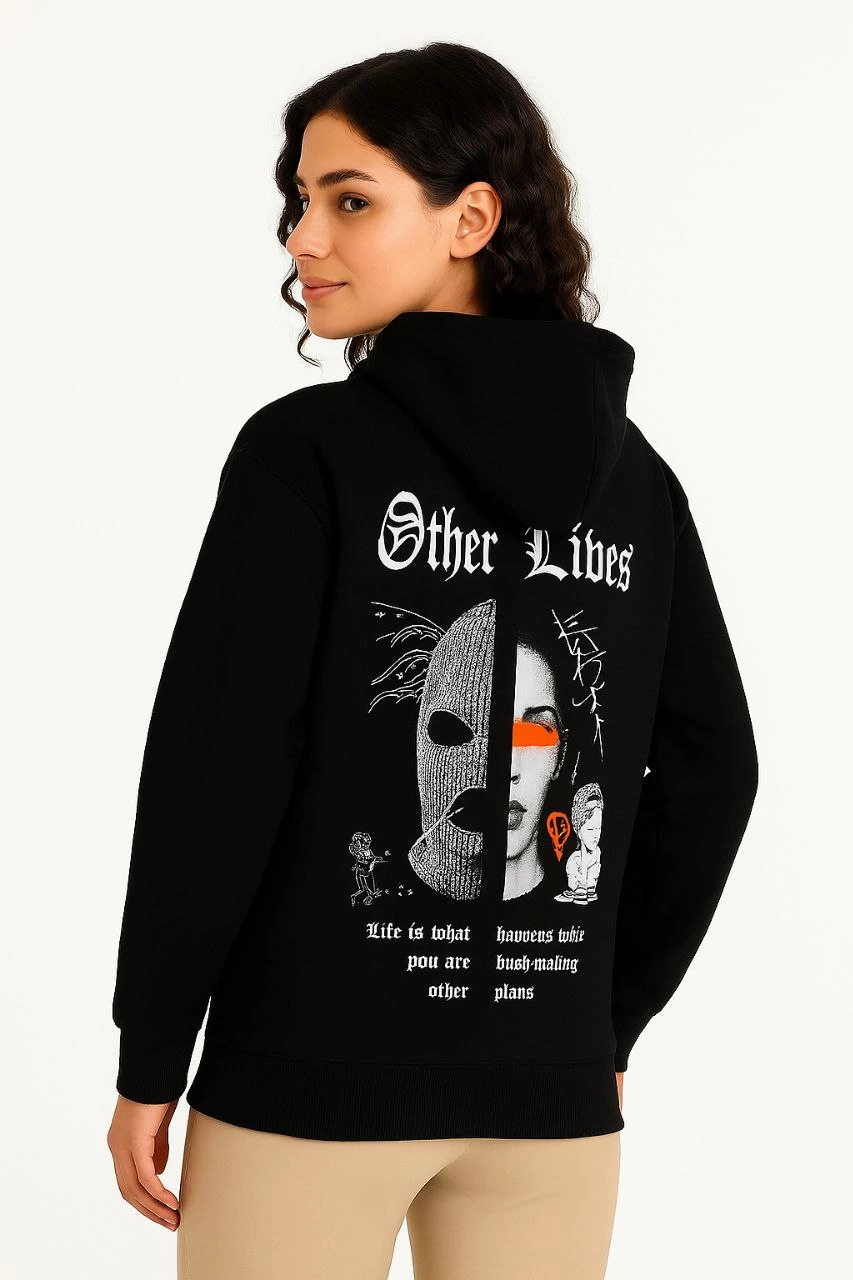 Kapşonlu Sweatshirt - Oversize'Other Lives' Ön  Arka Baskılı, Siyah -