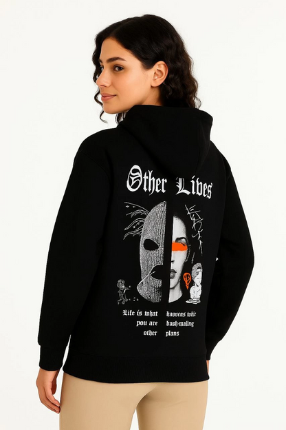 Kapşonlu Sweatshirt - Oversize'Other Lives' Ön  Arka Baskılı, Siyah -