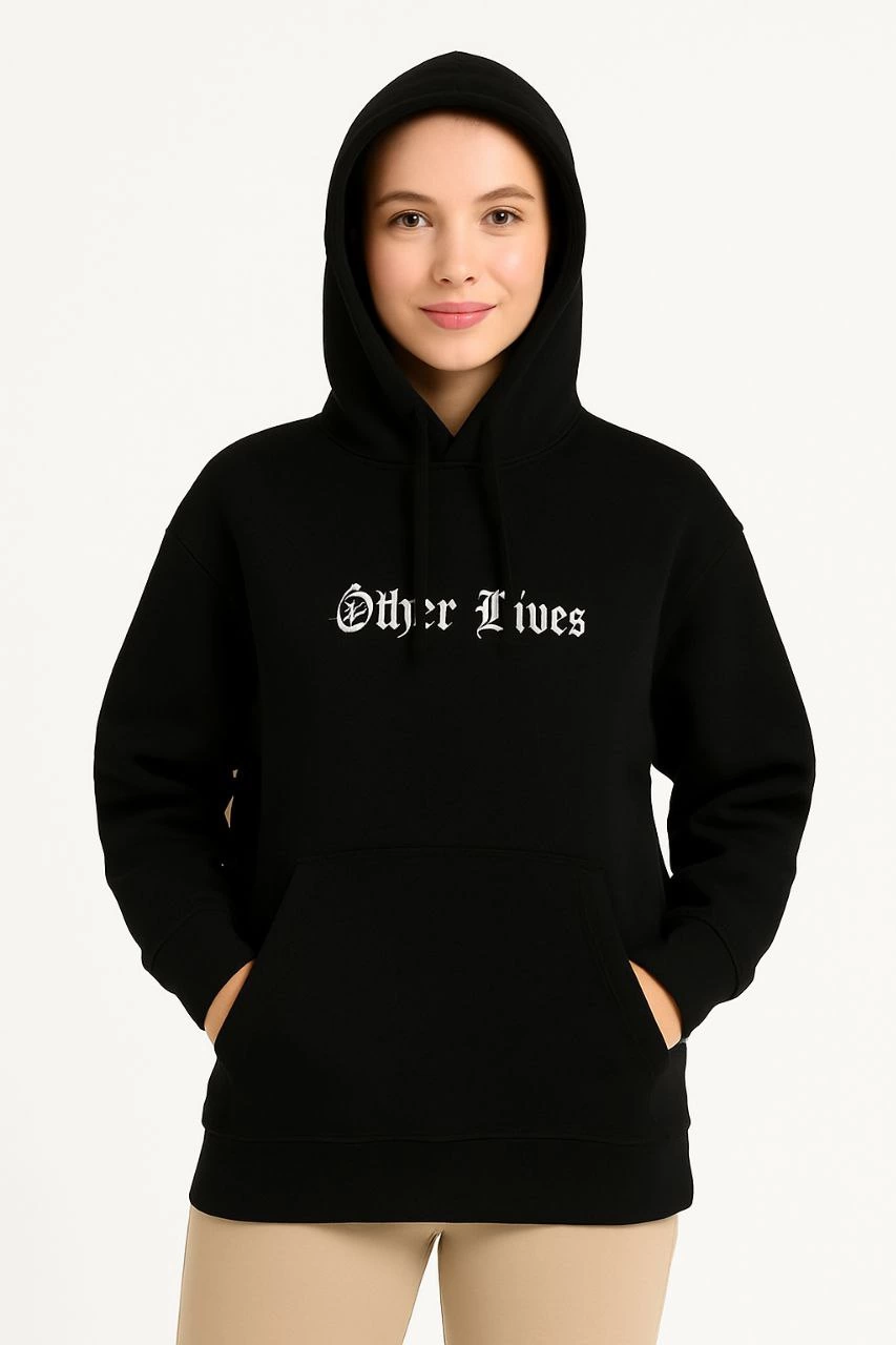 Kapşonlu Sweatshirt - Oversize'Other Lives' Ön  Arka Baskılı, Siyah -