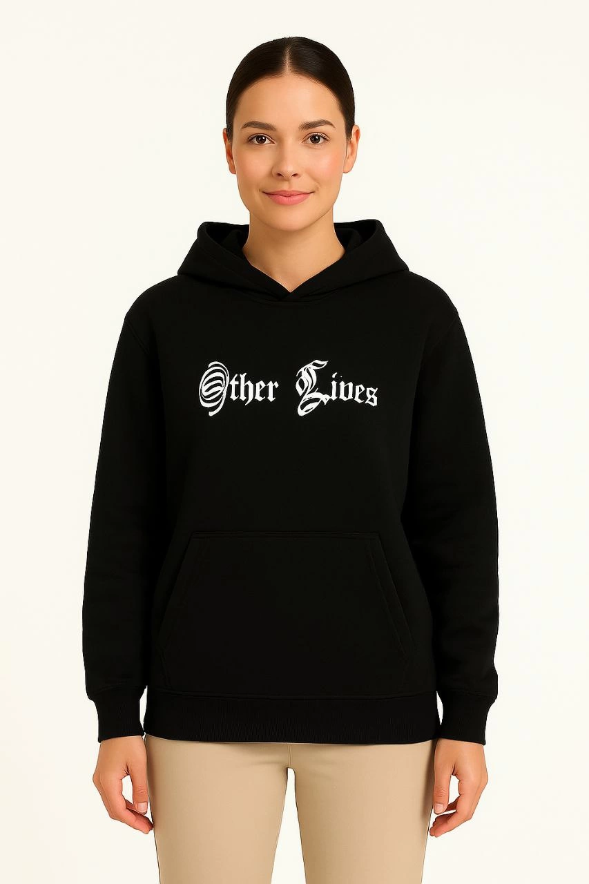 Kapşonlu Sweatshirt - Oversize'Other Lives' Ön  Arka Baskılı, Siyah -