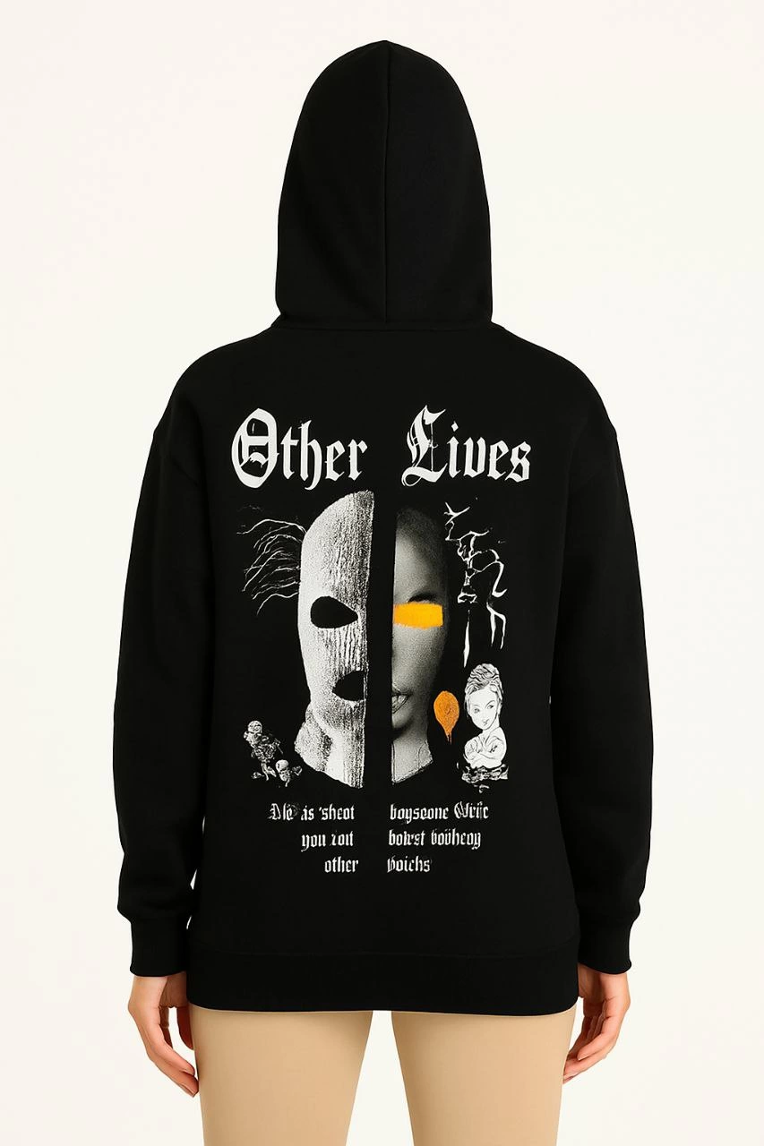 Kapşonlu Sweatshirt - Oversize'Other Lives' Ön  Arka Baskılı, Siyah -