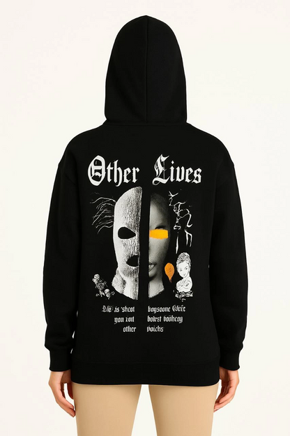Kapşonlu Sweatshirt - Oversize'Other Lives' Ön  Arka Baskılı, Siyah -