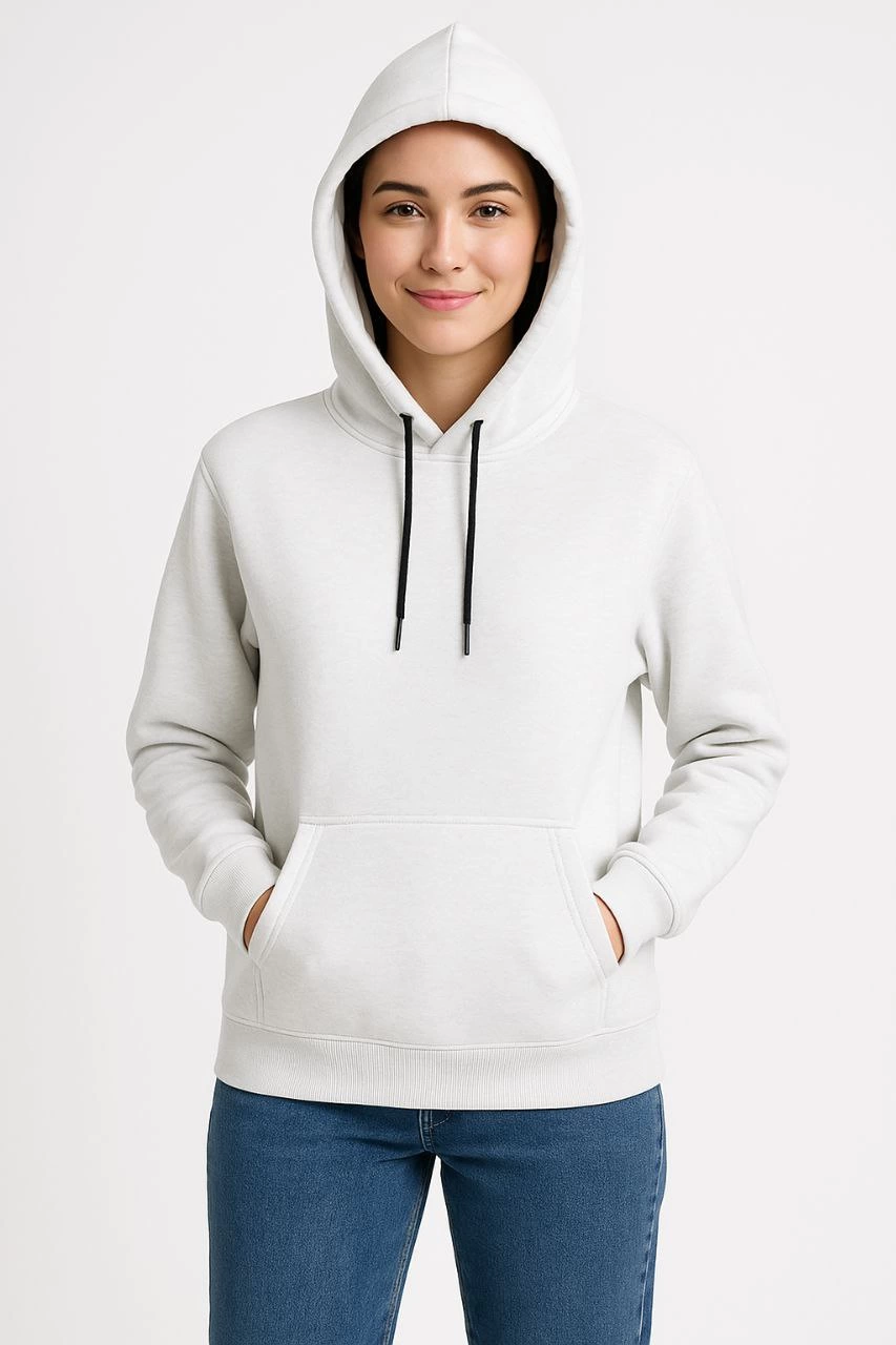 Üç İplik Kapüşonlu Kanguru Çepli SweatShirt hoodie - Beyaz -