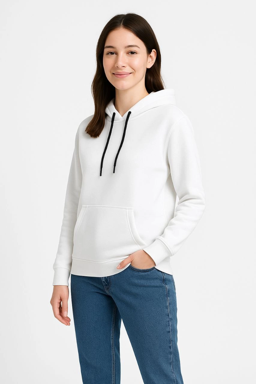 Üç İplik Kapüşonlu Kanguru Çepli SweatShirt hoodie - Beyaz -