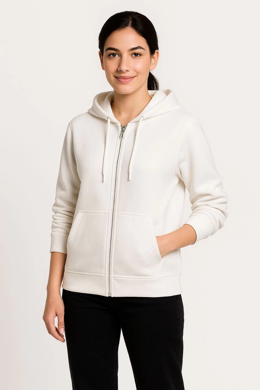 Üç İplik Kapüşonlu Tam Fermuarlı Kanguru Çepli SweatShirt Hoodie - Beyaz -