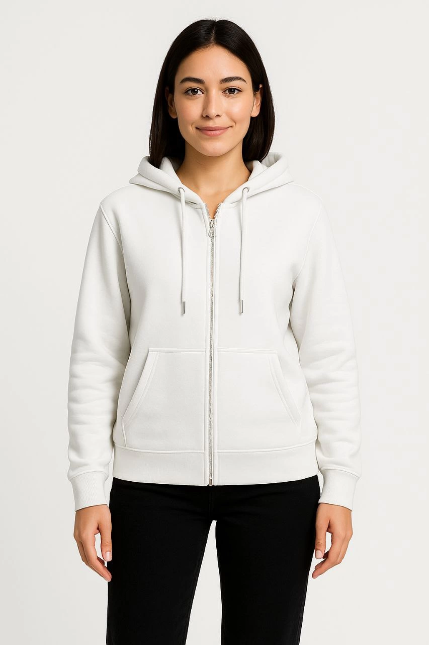 Üç İplik Kapüşonlu Tam Fermuarlı Kanguru Çepli SweatShirt Hoodie - Beyaz -