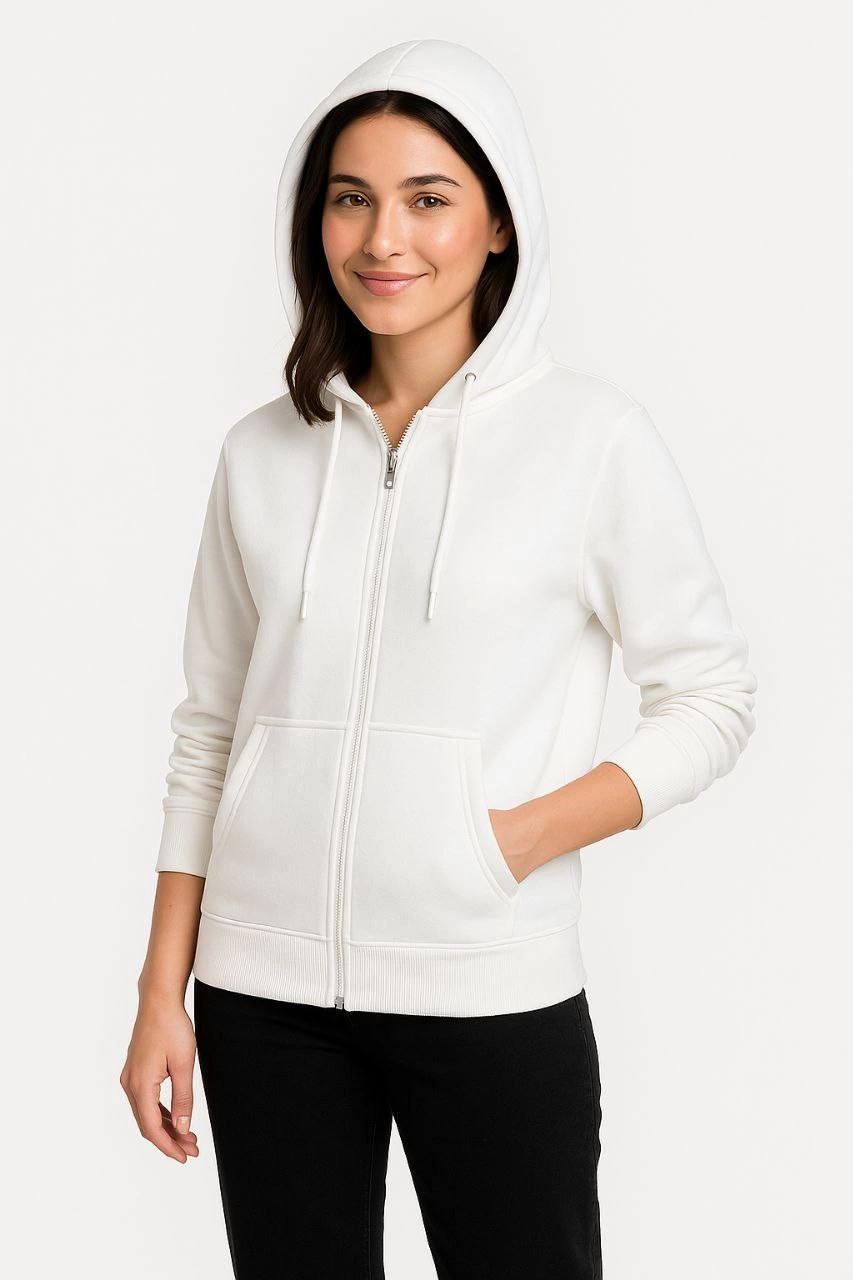 Üç İplik Kapüşonlu Tam Fermuarlı Kanguru Çepli SweatShirt Hoodie - Beyaz -