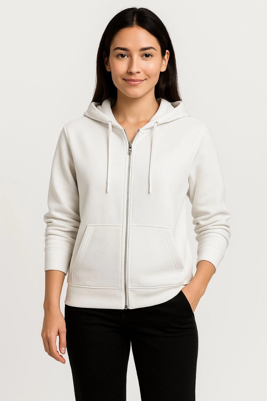 Üç İplik Kapüşonlu Tam Fermuarlı Kanguru Çepli SweatShirt Hoodie - Beyaz -