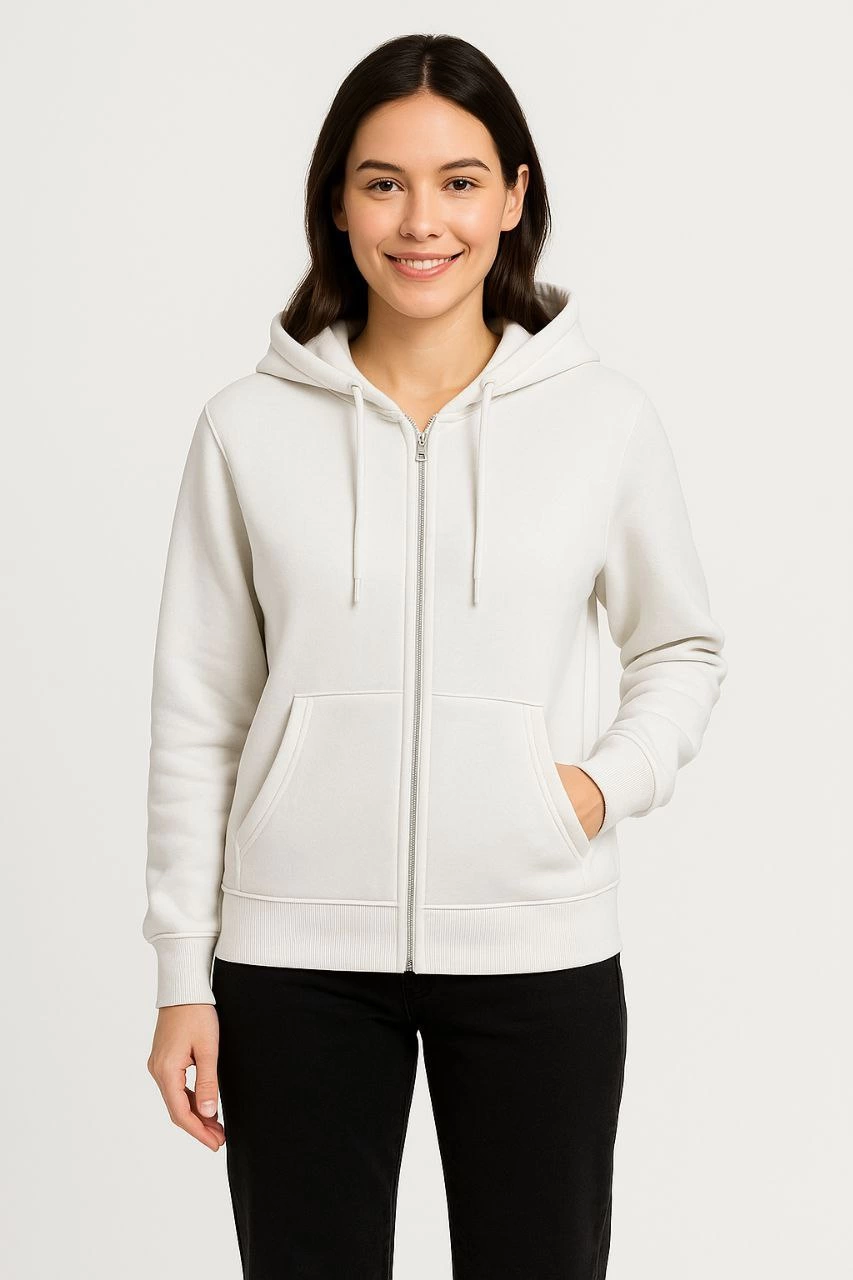 Üç İplik Kapüşonlu Tam Fermuarlı Kanguru Çepli SweatShirt Hoodie - Beyaz -