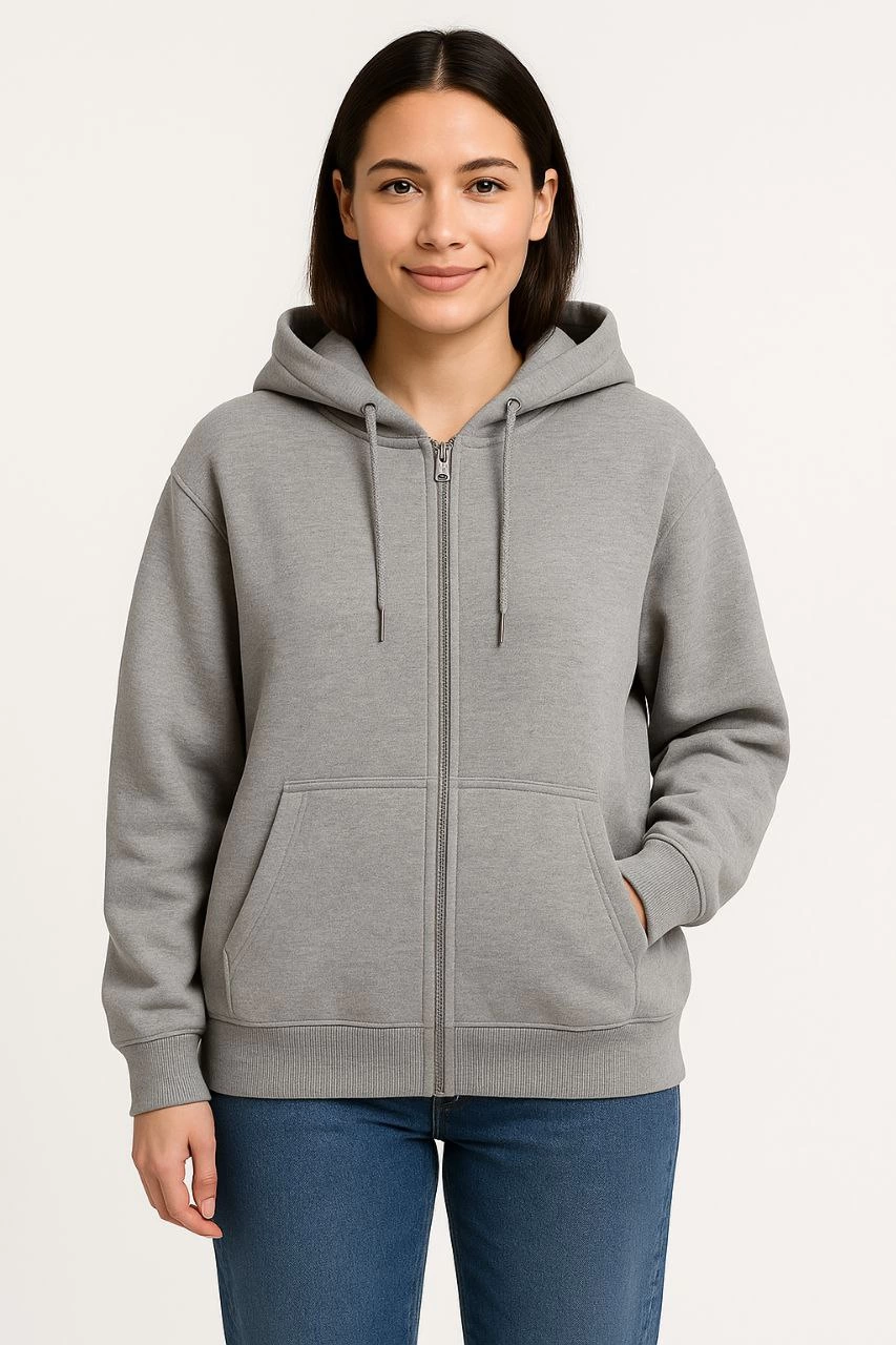 Üç İplik Kapüşonlu Tam Fermuarlı Kanguru Çepli SweatShirt Hoodie - Gri -