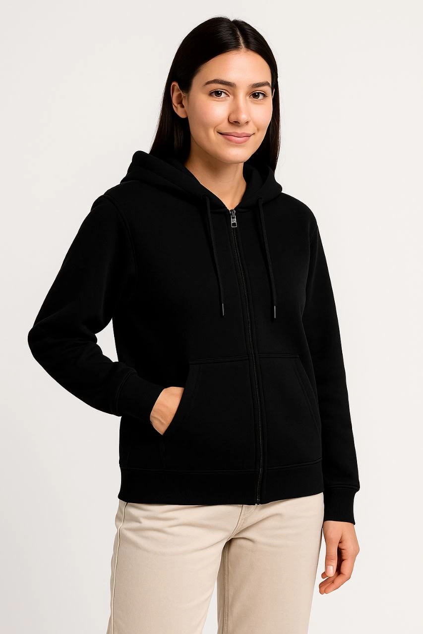 Üç İplik Kapüşonlu Tam Fermuarlı Kanguru Çepli SweatShirt Hoodie - Siyah -