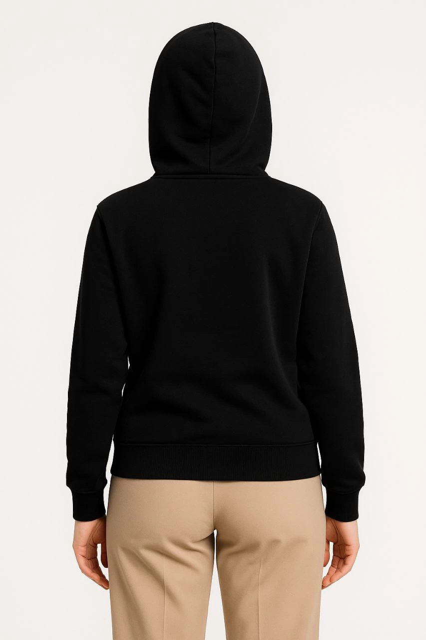 Üç İplik Kapüşonlu Tam Fermuarlı Kanguru Çepli SweatShirt Hoodie - Siyah -
