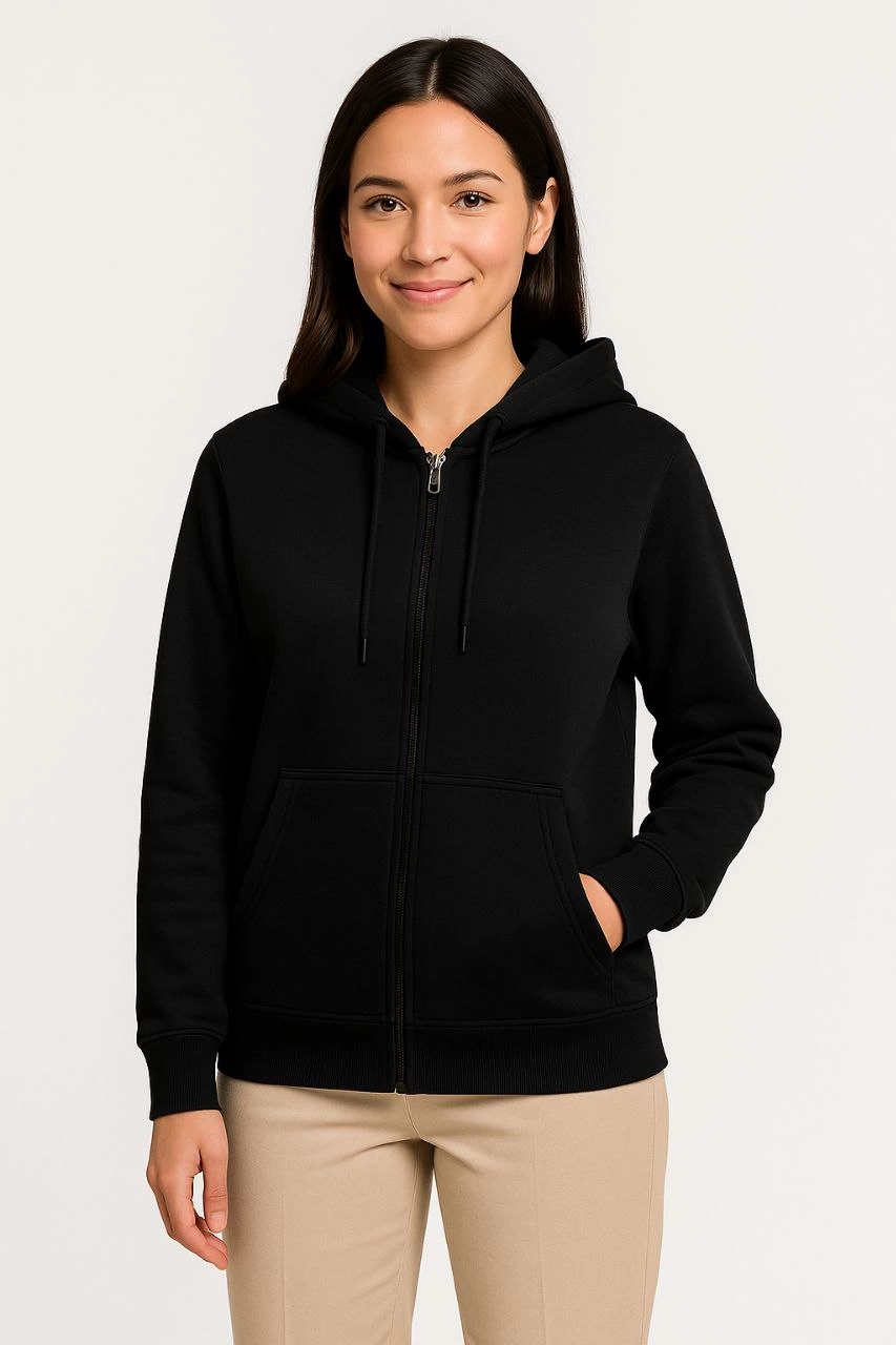 Üç İplik Kapüşonlu Tam Fermuarlı Kanguru Çepli SweatShirt Hoodie - Siyah -