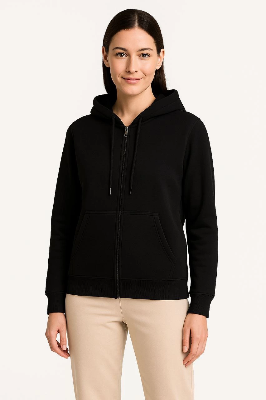 Üç İplik Kapüşonlu Tam Fermuarlı Kanguru Çepli SweatShirt Hoodie - Siyah -