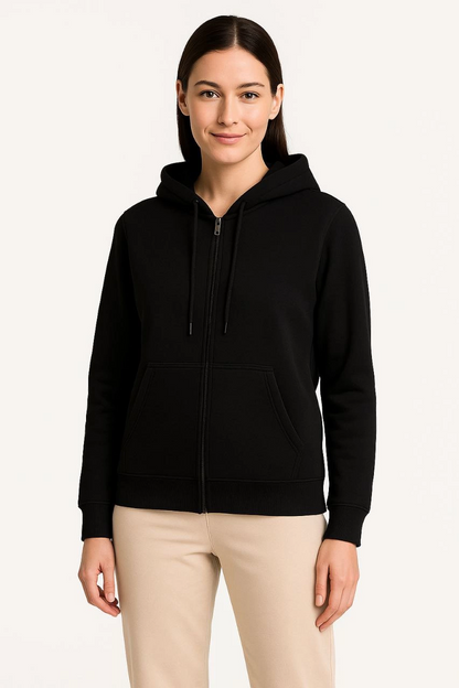 Üç İplik Kapüşonlu Tam Fermuarlı Kanguru Çepli SweatShirt Hoodie - Siyah -