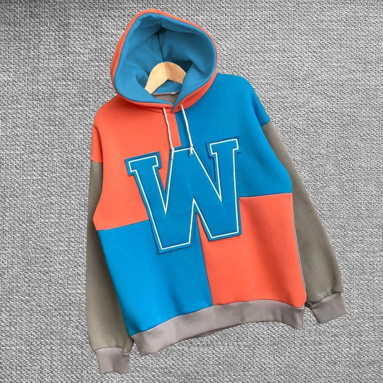 W Nakış İşlemeli Kapüşonlu Sweatshirt - Mavi